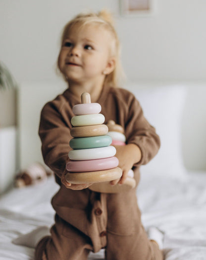 Jeu d'empilage en bois - Couleurs sauge et rose