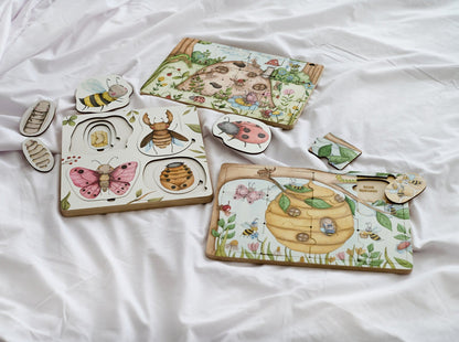 Ensemble de puzzles « Où vivent les abeilles », « Où vivent les fourmis » et « Cycle de vie des insectes » 