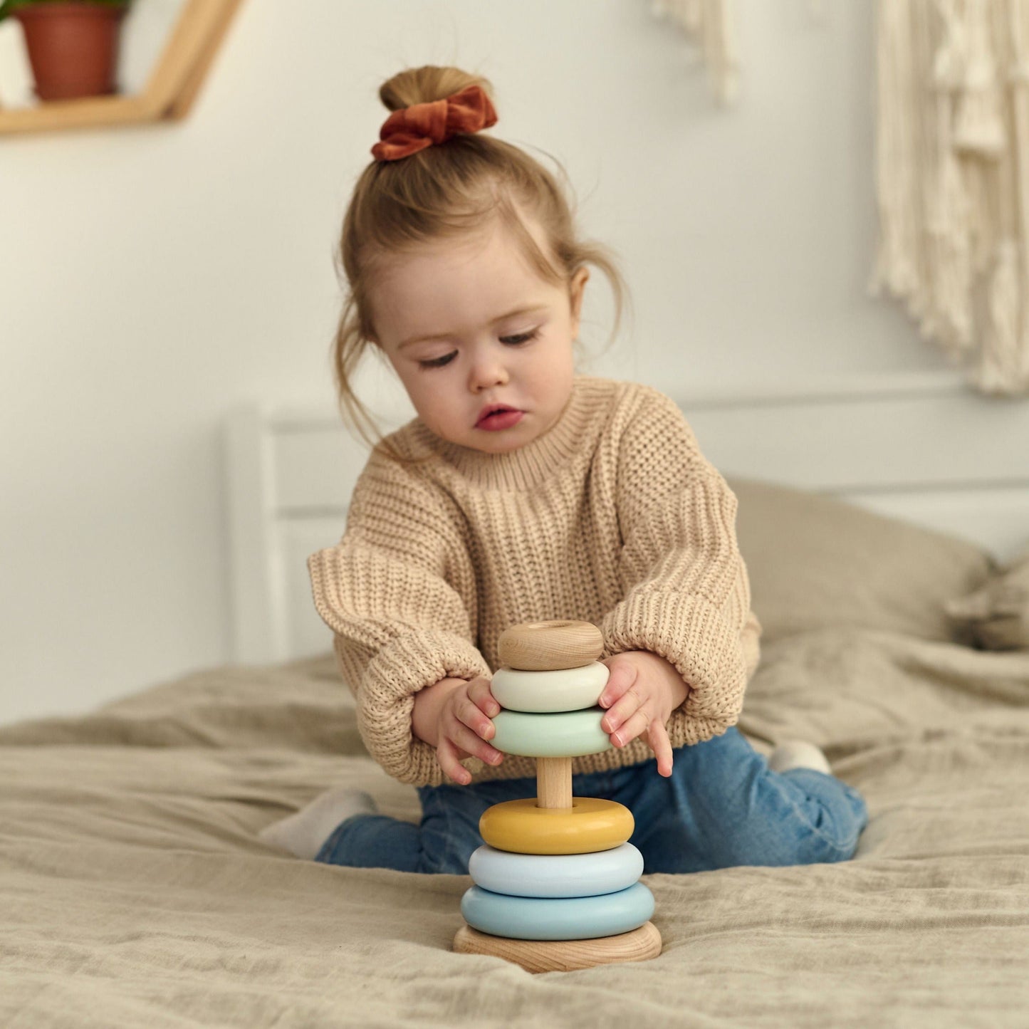 Jeu d'empilage en bois - Couleurs bleues