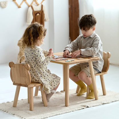 Ensemble table et chaises ours en bois pour enfants - Bois de hêtre