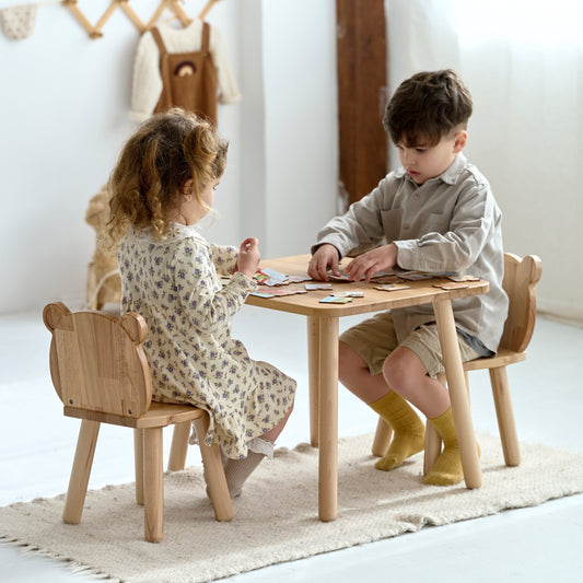 Ensemble table et chaises ours en bois pour enfants - Bois de hêtre