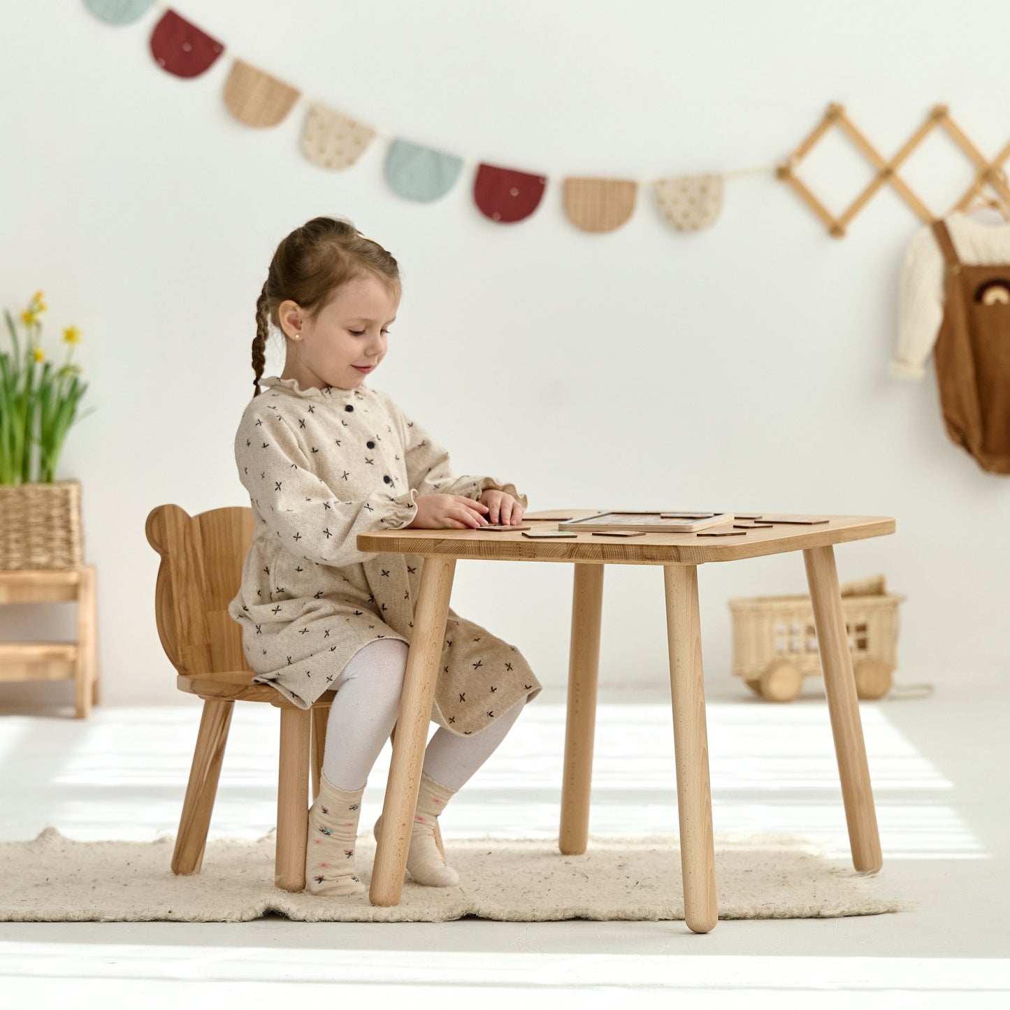 Ensemble table et chaise ours en bois pour enfant - Bois de hêtre