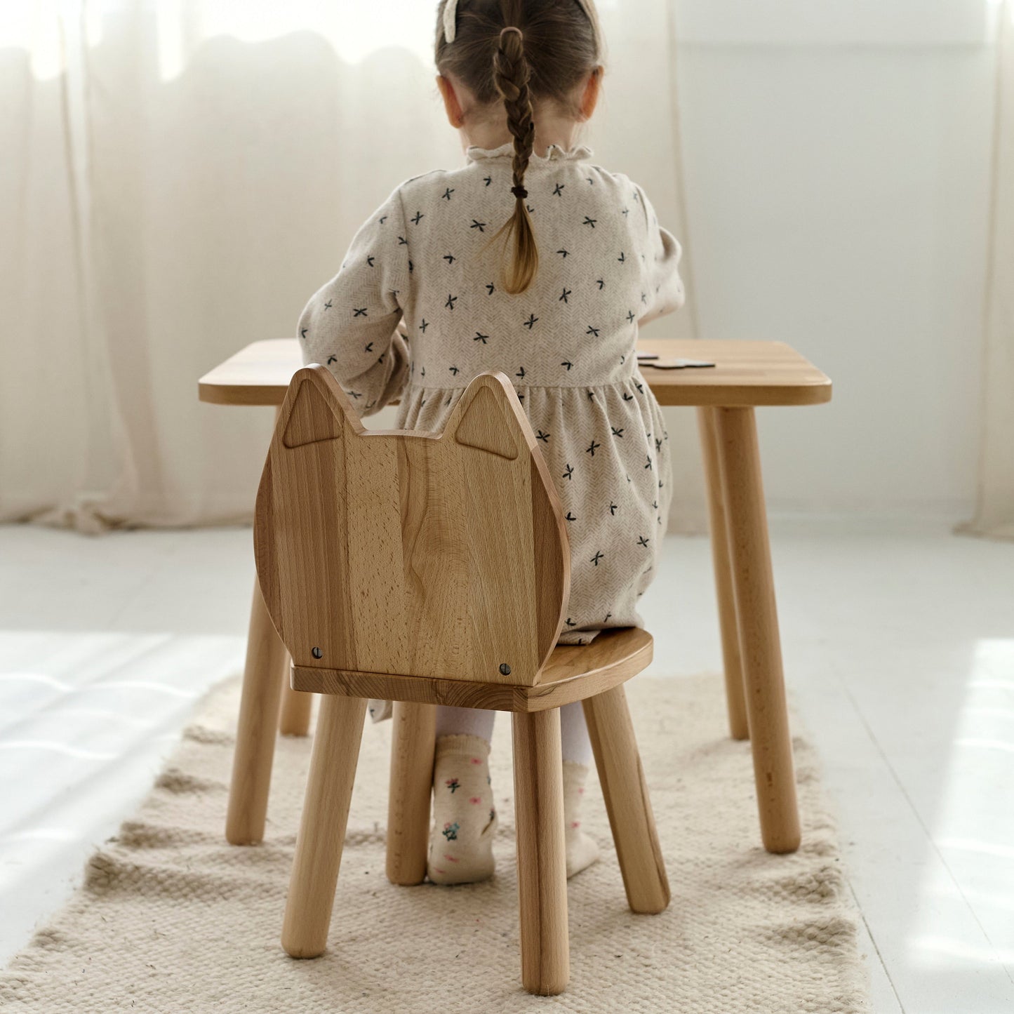 Ensemble table enfant et chaise chat en bois de hêtre