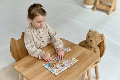 Ensemble table et chaises pour enfants en bois de hêtre, motif chat.