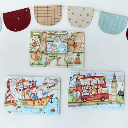 Puzzles en bois pour anniversaire, voyage en mer et visite de ville