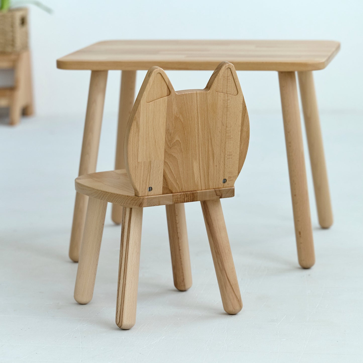 Ensemble table enfant et chaise chat en bois de hêtre