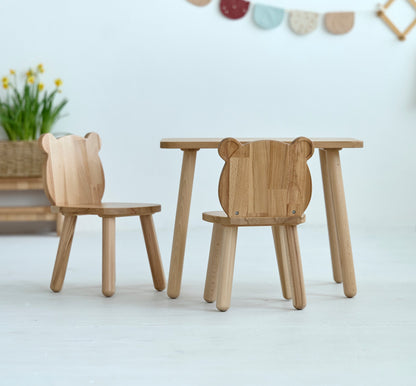 Ensemble table et chaises ours en bois pour enfants - Bois de hêtre