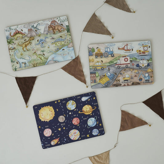 Ensemble de puzzles : Transports, Dinosaures et Système solaire 