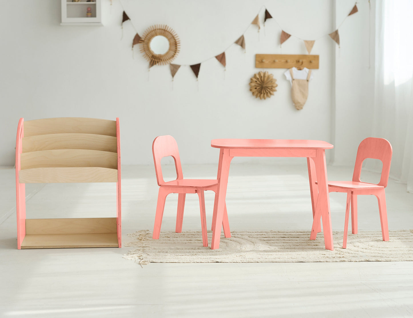 Ensemble bibliothèque, table enfant et deux chaises - 7 couleurs 