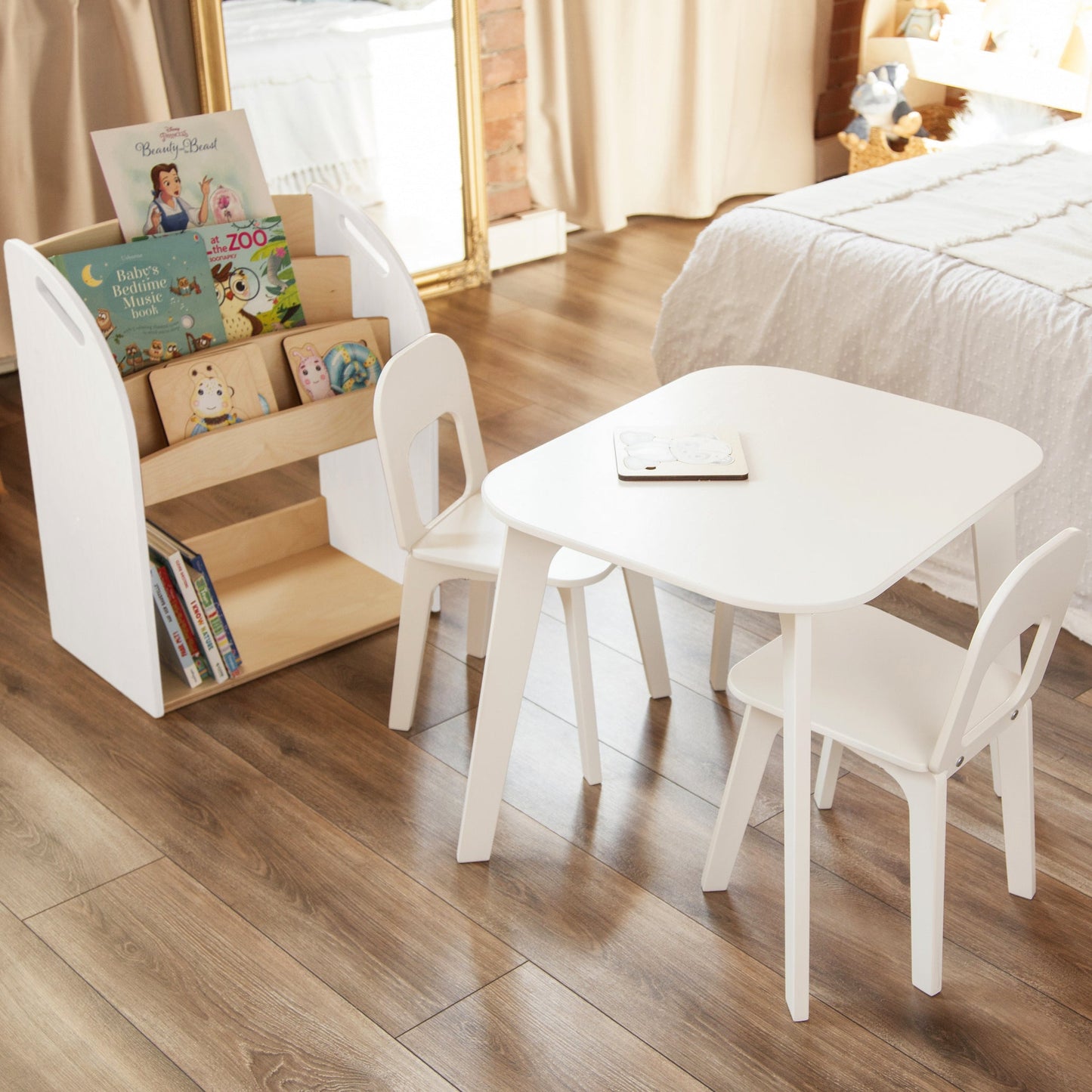 Ensemble bibliothèque, table enfant et deux chaises - 7 couleurs 