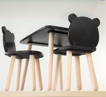 Ensemble table et chaises ours en bois pour enfants - Bois de hêtre