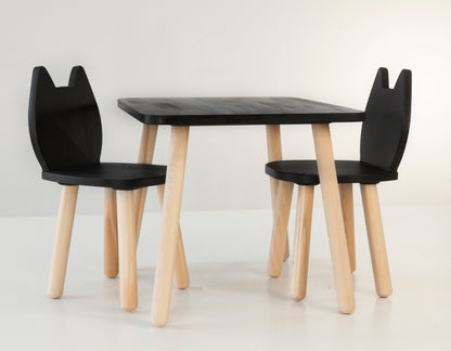 Ensemble table et chaises pour enfants en bois de hêtre, motif chat.