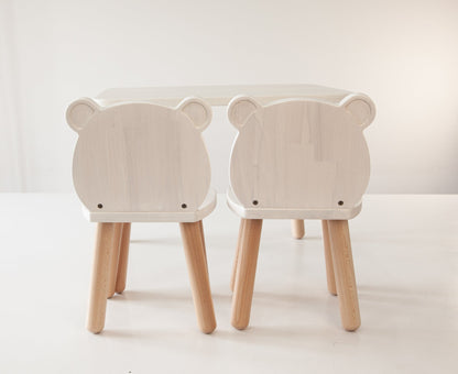 Ensemble table et chaises ours en bois pour enfants - Bois de hêtre